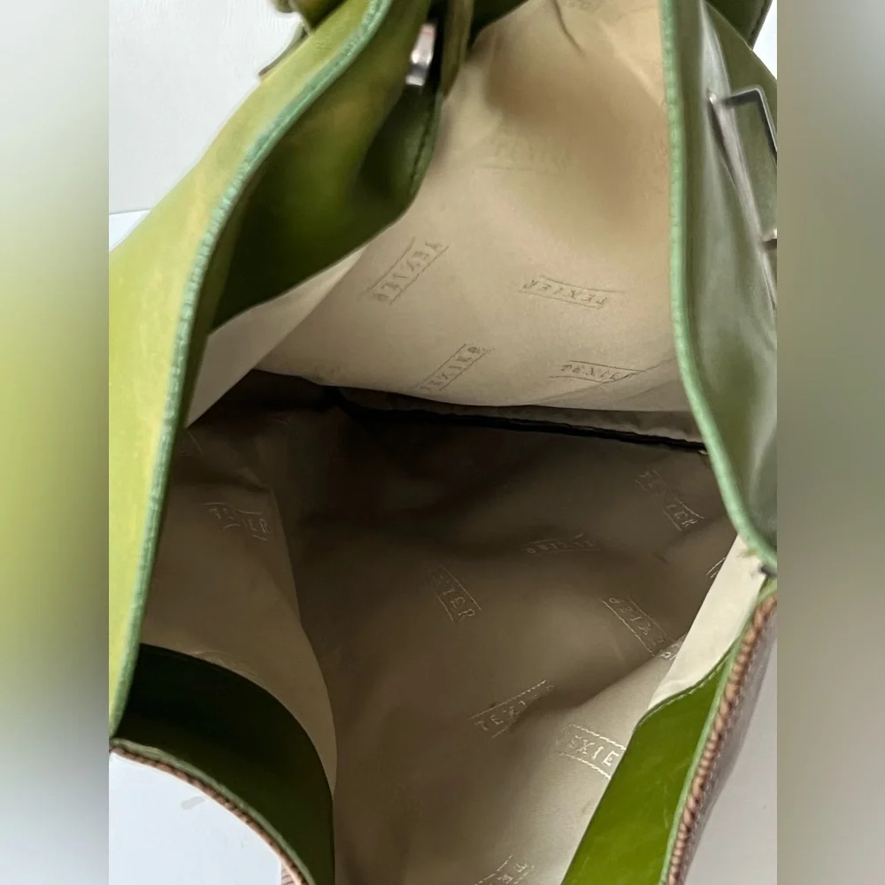 Texier France Leather Retro Avocado Green and Brown Envelope Style Backpack RARE - Picture 6 of 15